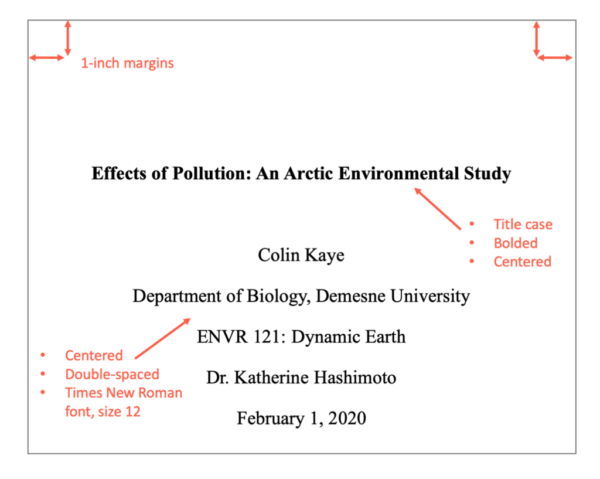Sample of an APA format title page for a student paper: